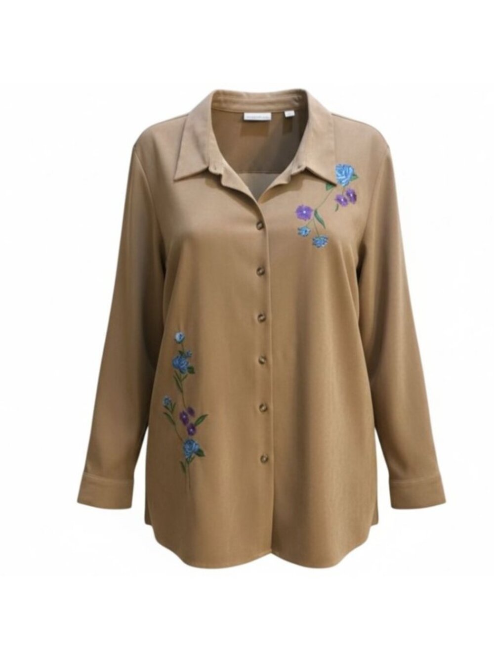 Cascade Blue Women's XL Blouse Solid Tan Floral Embroidery 90s Career Vacation